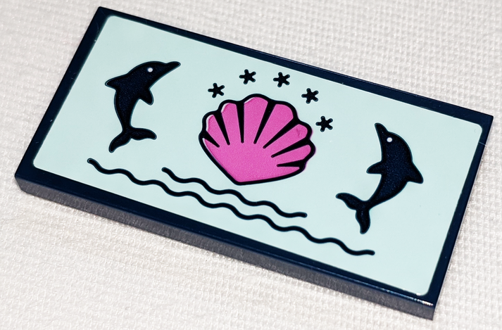 Tile 2 x 4 with Dark Pink Shell and Dark Blue Dolphins, Stars and Waves Pattern (Sticker) - Set 41347