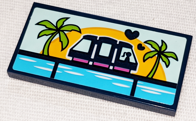 Tile 2 x 4 with Monorail, Hearts, Sunset over Sea and Palm Trees Pattern (Sticker) - Set 41347