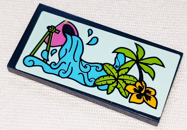 Tile 2 x 4 with Dark Pink Bucket, Medium Azure Water, Palm Trees and Bright Light Orange Flower Pattern (Sticker) - Set 41347