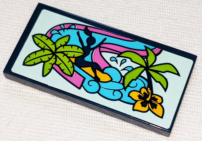 Tile 2 x 4 with Girl on Dark Pink Water Slide, Palm Trees and Bright Light Orange Flower Pattern (Sticker) - Set 41347