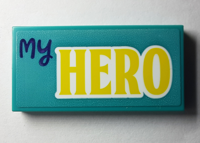 Tile 2 x 4 with Dark Purple 'My', Yellow 'HERO' on White Background Pattern (Sticker) - Set 40385
