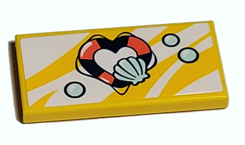 Tile 2 x 4 with Coral and Dark Blue Heart-Shaped Life Preserver, Light Aqua Shell and Bubbles Pattern (Sticker) - Set 41380