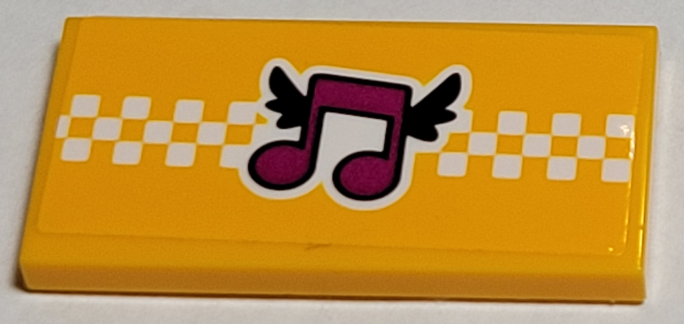 Tile 2 x 4 with Magenta Music Notes with Black Wings and White Checkered Stripe Pattern (Sticker) - Set 41349