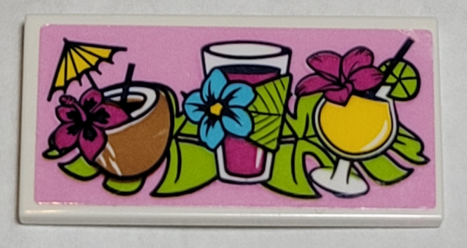 Tile 2 x 4 with Tropical Drinks, Lime Leaves, and Magenta Flowers on Bright Pink Background Pattern (Sticker) - Set 41374