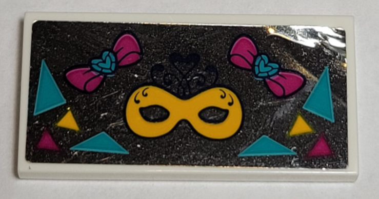 Tile 2 x 4 with Triangles, Bright Light Orange Mask, and Magenta and Dark Turquoise Bows on Mirrored Background Pattern (Sticker) - Set 41344