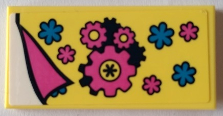 Tile 2 x 4 with Blanket with Dark Pink Gears and Flowers Pattern (Sticker) - Set 41329