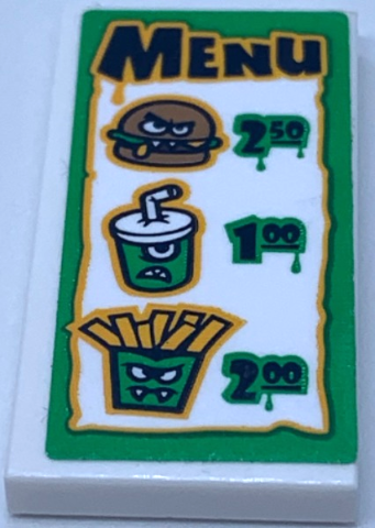 Tile 2 x 4 with 'MENU', Burger '250', Soda '100' and Fries '200' Pattern (Sticker) - Set 31104
