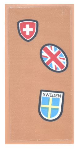 Tile 2 x 4 with Swedish and Swiss Emblem, United Kingdom Flag (Union Jack) Oval, and Black 'SWEDEN' Pattern (Sticker) - Set 77942