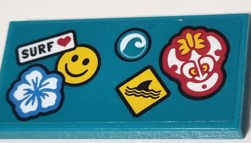 Tile 2 x 4 with Flower, Smiley Face, Tribal Mask, Wave, Shark Fin, and 'SURF' with Heart Pattern (Sticker) - Set 60257