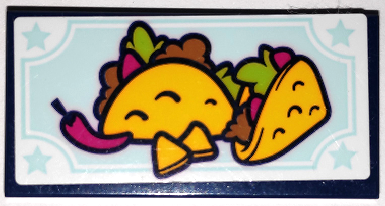 Tile 2 x 4 with Tacos, Chili Pepper, Yellow Corn Chips and Light Aqua Stars Pattern (Sticker) - Set 41338