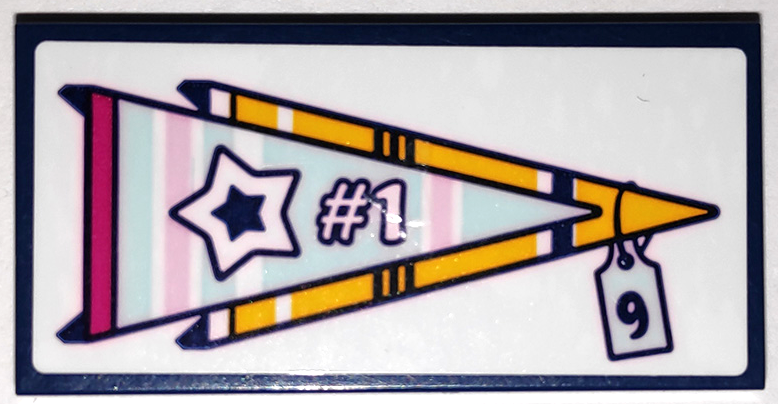 Tile 2 x 4 with 2 Light Aqua and Yellow Pennants with Star, '#1' and Number 9 Price Tag Pattern (Sticker) - Set 41338