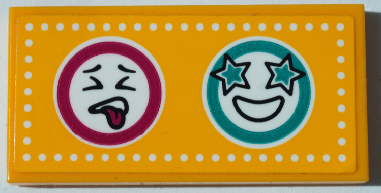 Tile 2 x 4 with Grimacing Face, Happy Face, Magenta and Dark Turquoise Circles and White Dots on Bright Light Orange Background Pattern (Sticker) - Set 41368