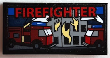 Tile 2 x 4 with Screen with 'FIREFIGHTER', Building and Fire Trucks Pattern (Sticker) - Set 60215