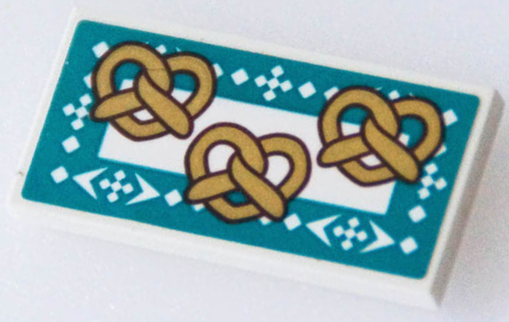 Tile 2 x 4 with 3 Pretzels, Dark Turquoise Border with White Squares and Arrows Pattern (Sticker) - Set 41167