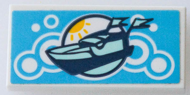 Tile 2 x 4 with Dark Blue and Light Aqua Boat, Yellow Sun and Medium Azure Circles Pattern (Sticker) - Set 41433