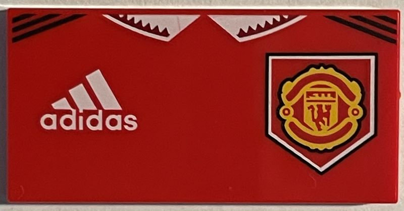 Tile 2 x 4 with White Adidas Logo and Manchester United Badge Pattern (BrickHeadz Soccer / Football Player Torso)