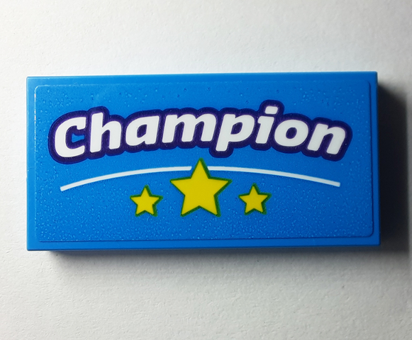 Tile 2 x 4 with White 'Champion' with Dark Purple Outline, Curved Line, Yellow Stars Pattern (Sticker) - Set 40385