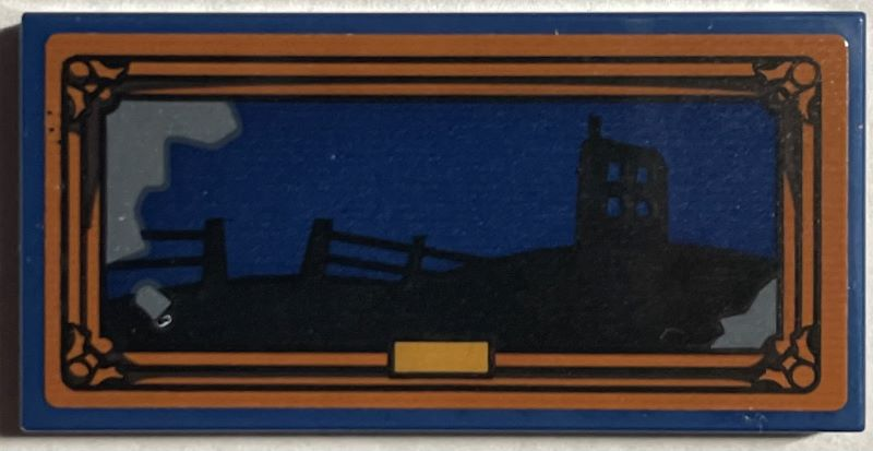 Tile 2 x 4 with Picture of Black Shrieking Shack and Fence Silhouette in Dark Orange Frame Pattern (Sticker) - Set 76407