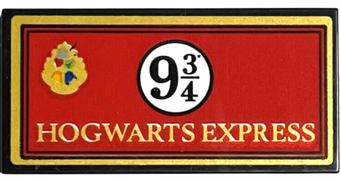Tile 2 x 4 with Gold 'HOGWARTS EXPRESS', Crest, and Black '9 3/4' in White Circle on Red Background with Border Pattern (Sticker) - Set 76405