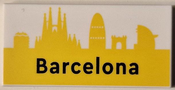 Tile 2 x 4 with Black 'Barcelona' on Yellow Landmark Skyline Pattern