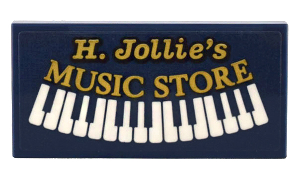 Tile 2 x 4 with Gold 'H. Jollie's MUSIC STORE' and White Piano Keys Pattern (Sticker) - Set 10308