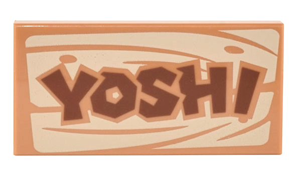Tile 2 x 4 with Reddish Brown 'YOSHI' on Tan Wood Grain Pattern