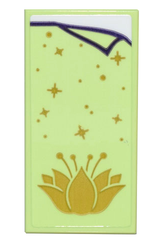 Tile 2 x 4 with Yellowish Green Blanket with Gold Lotus Flower and Stars Pattern (Sticker) - Set 43205