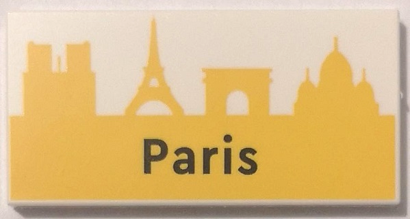 Tile 2 x 4 with Black 'Paris' on Yellow Landmark Skyline Pattern