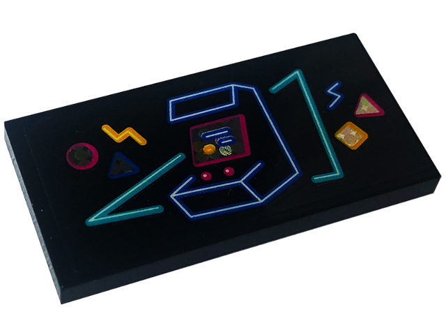 Tile 2 x 4 with Neon Sign with Medium Azure Triangle and Medium Blue Arcade Machine Pattern (Sticker) - Set 41708