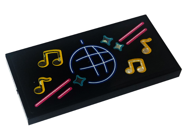 Tile 2 x 4 with Neon Sign with Dark Pink Lines, Medium Azure Stars, Yellow Music Notes and Medium Blue Disco Ball Pattern (Sticker) - Set 41708