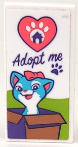 Tile 2 x 4 with Dark Purple 'Adopt me' and Paw Print, Coral Heart and Cat in a Box Pattern (Sticker) - Set 41699