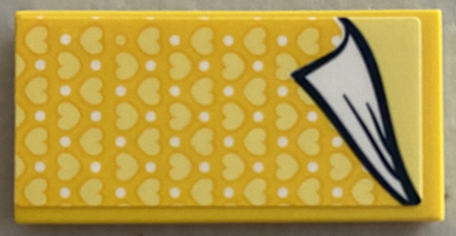 Tile 2 x 4 with Blanket with Bright Light Yellow Hearts and White Dots Pattern (Sticker) - Set 41394