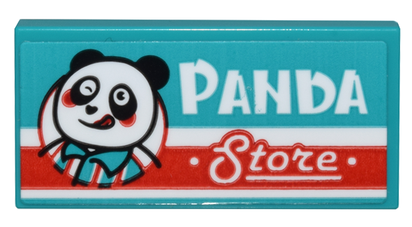 Tile 2 x 4 with Panda Wearing Striped Shirt, Red Stripe, and White 'PANDA Store' Pattern (Sticker) - Set 80036