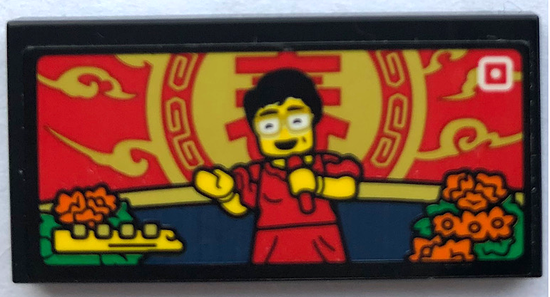 Tile 2 x 4 with Singing Minifigure with Red Microphone and Orange Flowers Pattern (Sticker) - Set 80108