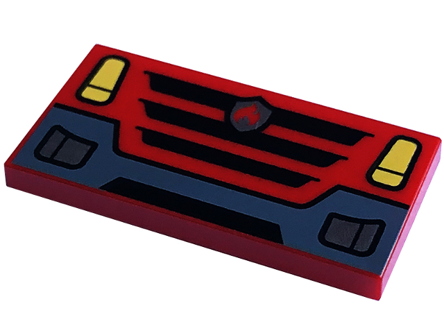 Tile 2 x 4 with Yellow Headlights, Black Grille with Silver Fire Logo Badge, and Dark Bluish Gray Bumper Pattern