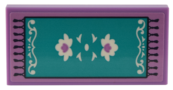 Tile 2 x 4 with Dark Turquoise Rug with White Scrolls and Leaves, Medium Lavender Flowers, and Black Outline and Fringe Pattern (Sticker) - Set 41732
