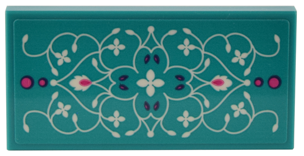 Tile 2 x 4 with Dark Turquoise Rug with Ornate White Filigree Scrolls, Leaves and Flowers and Magenta Accents Pattern (Sticker) - Set 41732