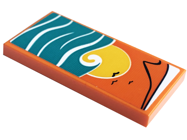 Tile 2 x 4 with Blanket with Dark Turquoise Sea and Wave, Black Birds and Yellow Sun Pattern (Sticker) - Set 41754