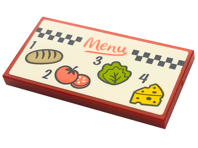 Tile 2 x 4 with Coral 'Menu', Black Number 1, 2, 3, 4, Bread, Tomatoes, Lettuce, Cheese and Checkered Stripe Pattern (Sticker) - Set 41728