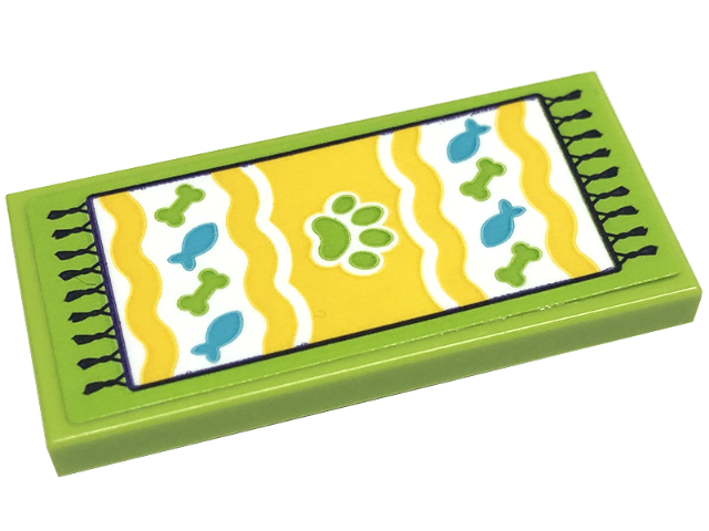 Tile 2 x 4 with Rug with Paw Print, Bones, Medium Azure Fish, Yellow Waves and Black Fringe Pattern (Sticker) - Set 41699