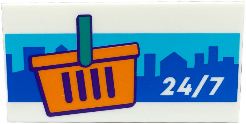 Tile 2 x 4 with '24/7', Orange Shopping Basket with Dark Turquoise Handle, and Blue City Landscape Background Pattern
