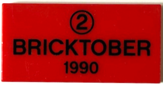 Tile 2 x 4 with Black Number 2 in Circle and 'BRICKTOBER 1990' Pattern