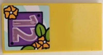 Tile 2 x 4 with Medium Lavender Number 12, Bright Light Orange Flowers and Lime Leaves Pattern (Sticker) - Set 41395