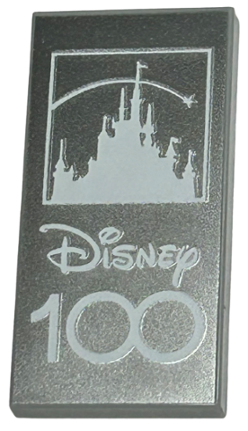 Tile 2 x 4 with White 'Disney 100' and Disney Castle Silhouette on Silver Background Pattern