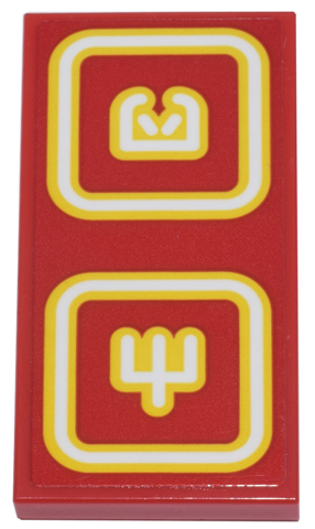 Tile 2 x 4 with Sushimi's Sign with Bright Light Orange and White Squares and Ninjago Logogram Letter U and Letter M Pattern (Sticker) - Set 71799