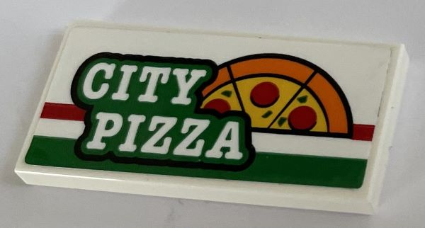 Tile 2 x 4 with 'CITY PIZZA', Red and Green Stripes and Orange, Black and Yellow Half Pizza Pattern (Sticker) - Set 60292