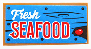 Tile 2 x 4 with White 'Fresh' and Red 'SEAFOOD' with Black Nails and Lines on Medium Azure Background Pattern (Sticker) - Set 70422