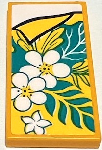Tile 2 x 4 with Blanket with White Flowers and Dark Turquoise Leaves, Folded Bright Light Orange Corner, White Bedsheet Pattern (Sticker) - Set 41428