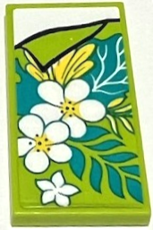 Tile 2 x 4 with Blanket with White Flowers and Dark Turquoise Leaves, Folded Lime Corner, White Bedsheet Pattern (Sticker) - Set 41428