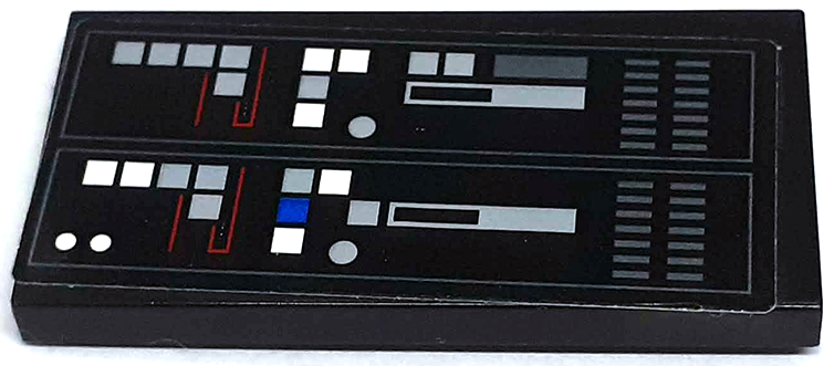 Tile 2 x 4 with SW Inquisitor Transport Scythe Control Panel with Light Bluish Gray, White and Blue Dots and Squares Pattern (Sticker) - Set 75336